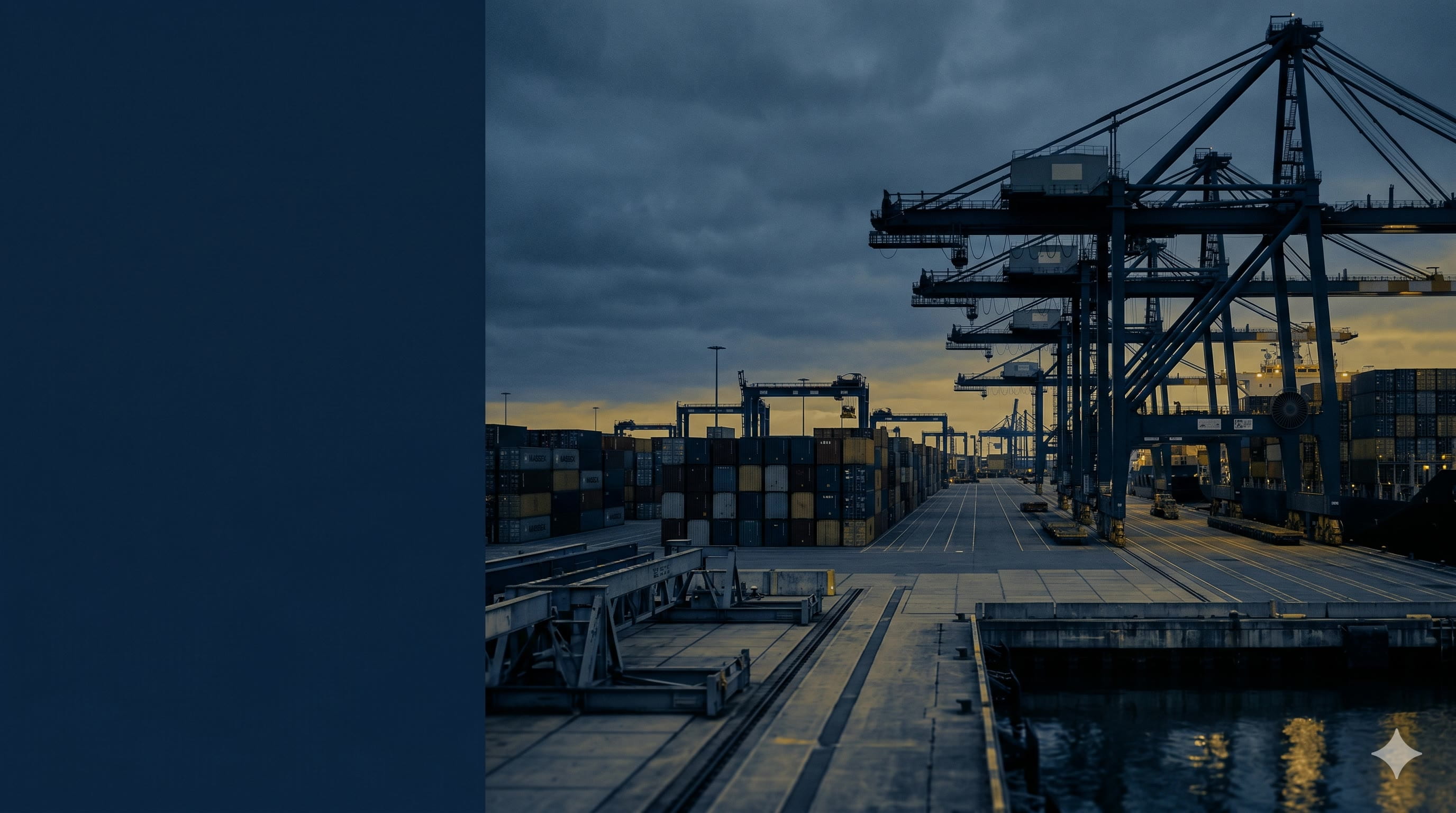 Puerto de contenedores al atardecer con grúas portuarias perfiladas contra el cielo.